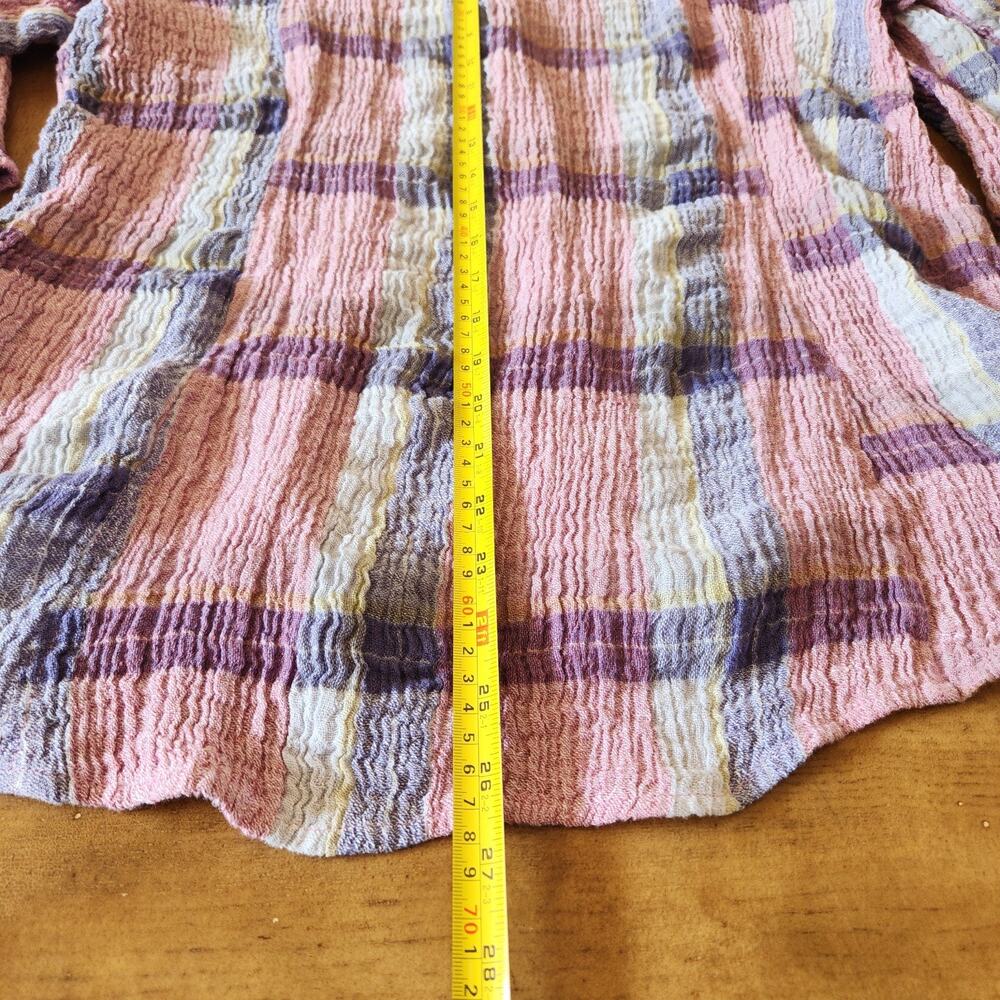 Habitat Top Womens L Pink Gray Plaid Crinkle Button Linen Blend Boho Chic Preppy - Picture 9 of 11